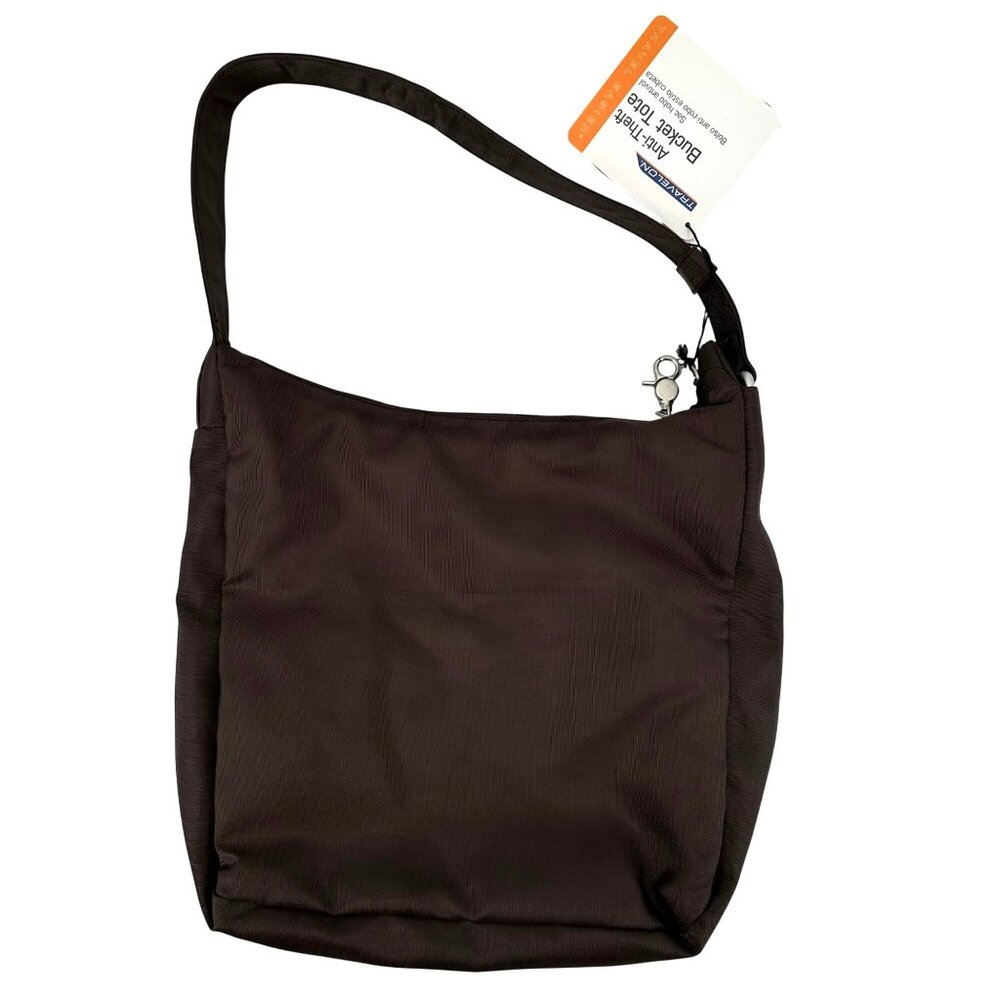 NWT Travelon Anti-Theft Bucket Tote Bag Multiple Zipper Pockets Brown - Picture 2 of 13